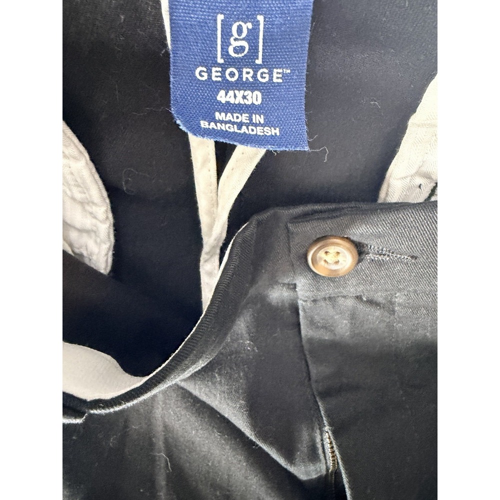 George Mens Dress Pants 44x30 Black Flat Front Chino Work Pants Stretch 44W 30L - Picture 2 of 4